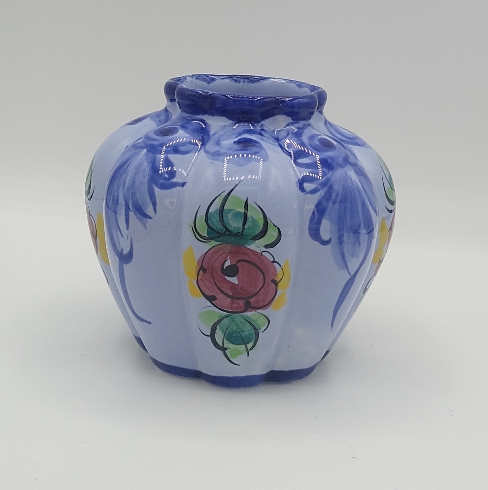 Vintage Portugal Alcobaca Style Hand Painted Floral Rose Vase Signed, 4.25" Tall